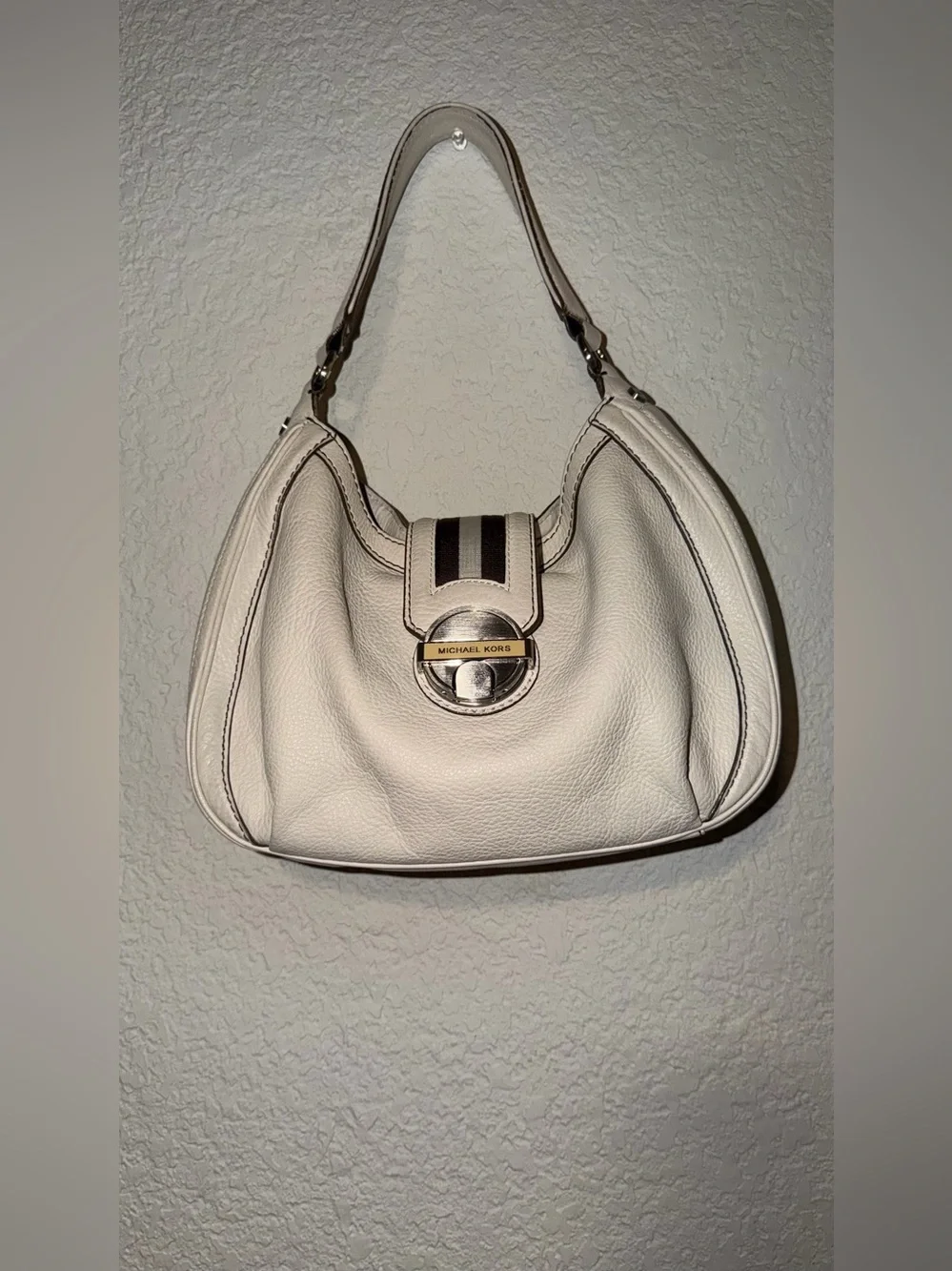 Michael Kors Cream Pebbled Leather Hobo with Gold-Tone Accent